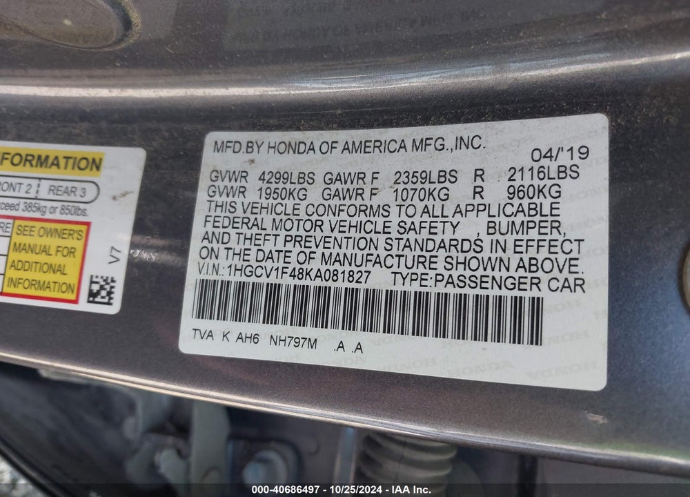 2019 HONDA ACCORD EX VIN: 1HGCV1F48KA081827