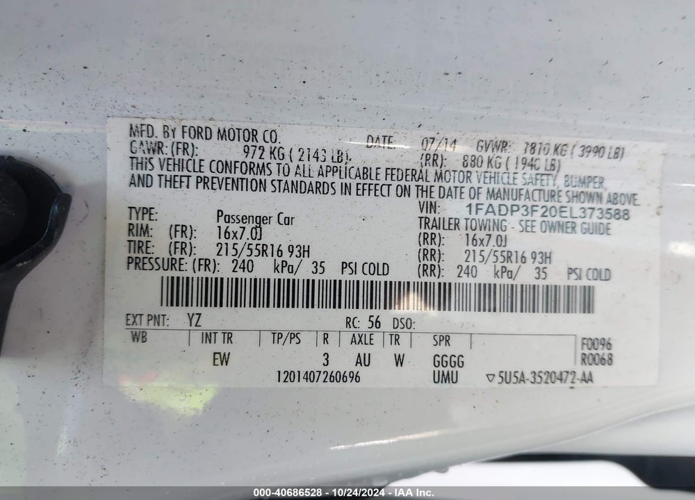 2014 FORD FOCUS SE VIN: 1FADP3F20EL373588