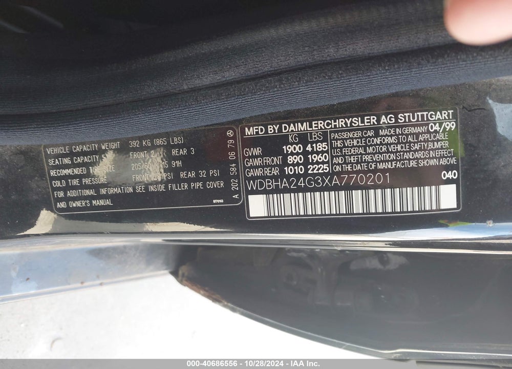 1999 MERCEDES-BENZ C 230 KOMPRESSOR VIN: WDBHA24G3XA770201