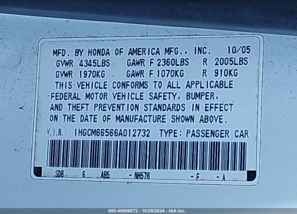2006 HONDA ACCORD 3.0 EX VIN: 1HGCM66566A012732
