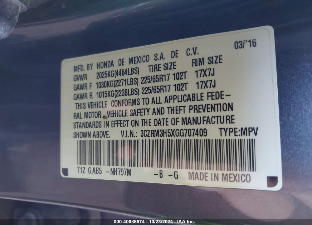 2016 HONDA CR-V EX VIN: 3CZRM3H5XGG707409