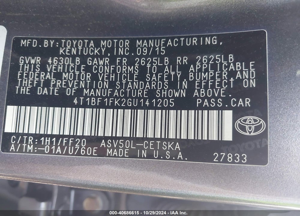 2016 TOYOTA CAMRY SE VIN: 4T1BF1FK2GU141205