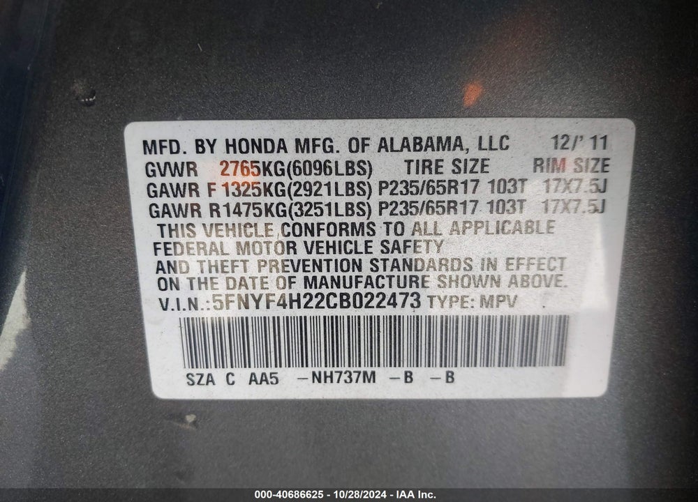 2012 HONDA PILOT LX VIN: 5FNYF4H22CB022473