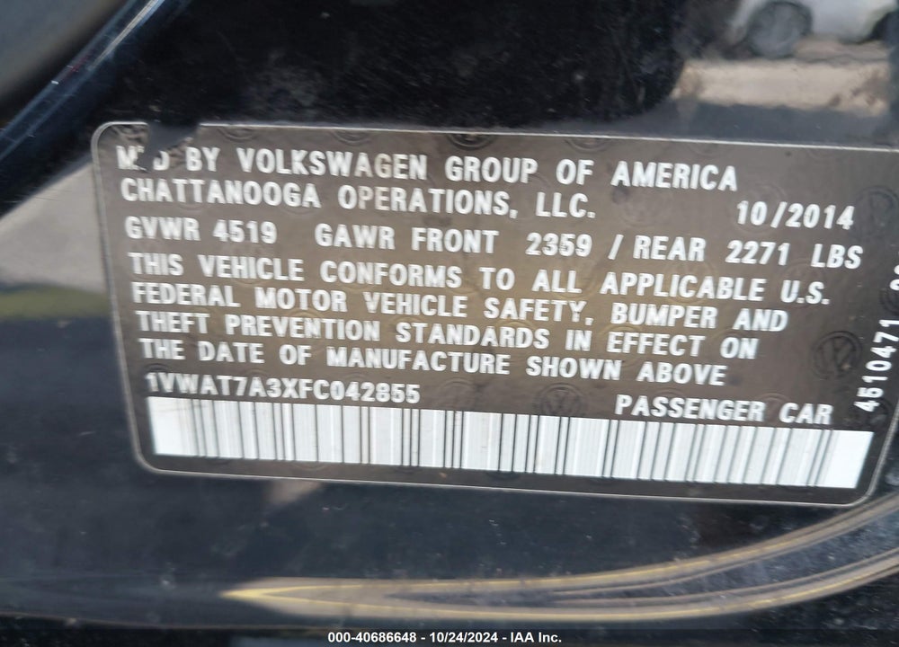 2015 VOLKSWAGEN PASSAT 1.8T WOLFSBURG EDITION VIN: 1VWAT7A3XFC042855