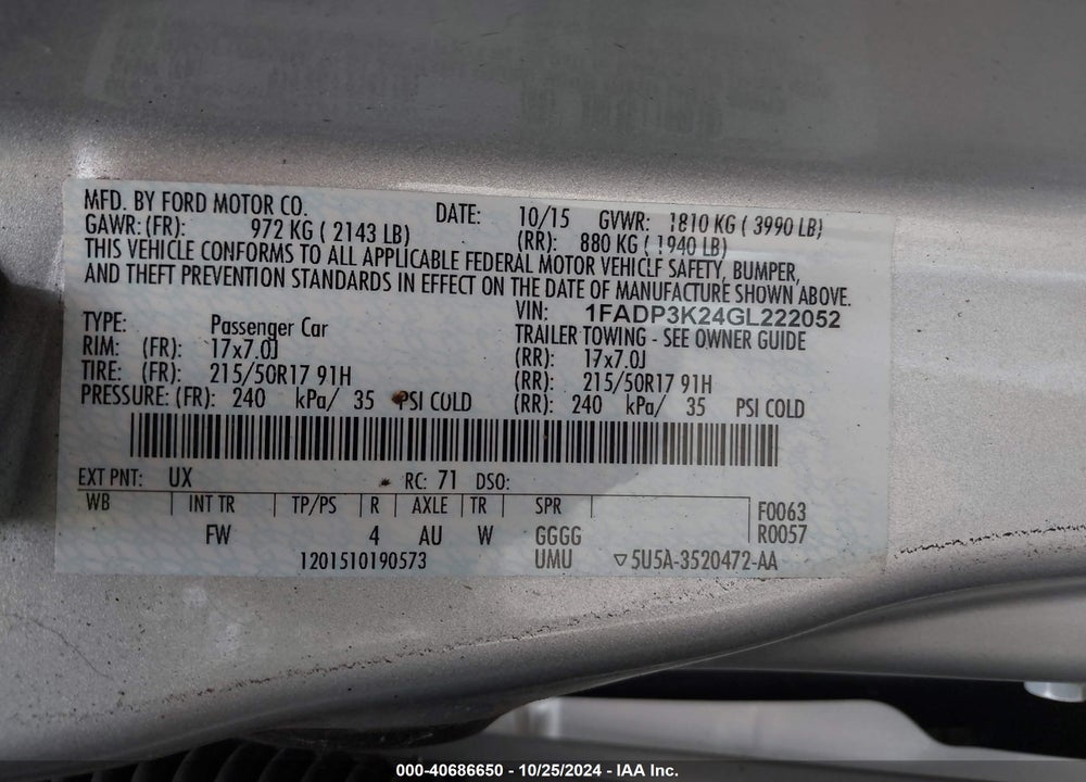 2016 FORD FOCUS SE VIN: 1FADP3K24GL222052