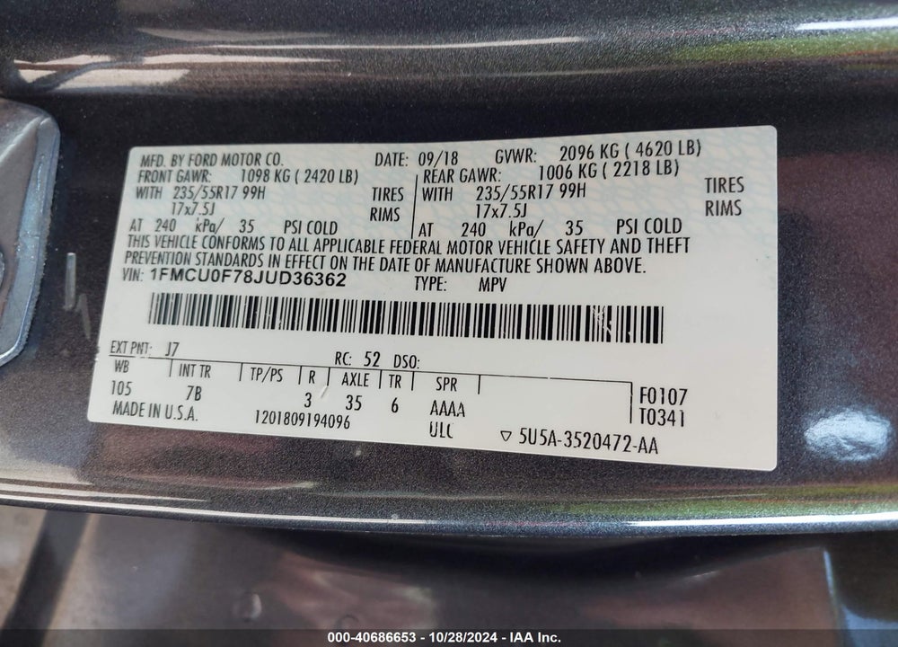 2018 FORD ESCAPE S VIN: 1FMCU0F78JUD36362