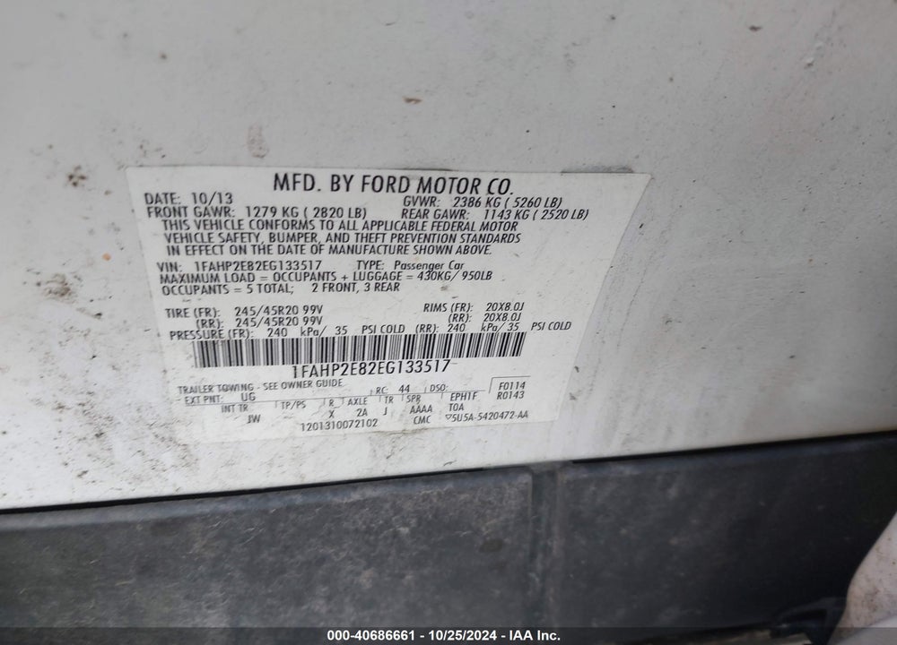 2014 FORD TAURUS SEL VIN: 1FAHP2E82EG133517