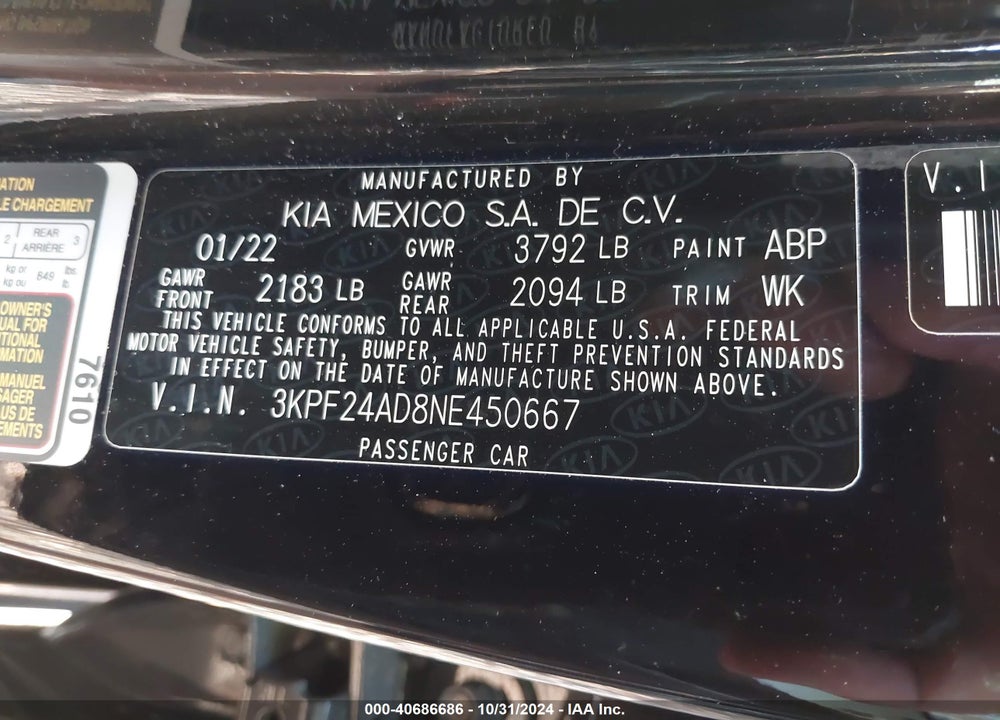 2022 KIA FORTE LXS VIN: 3KPF24AD8NE450667