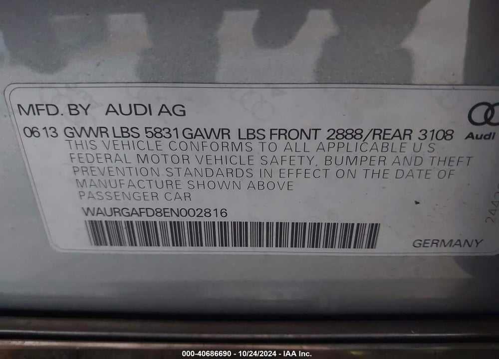 2014 AUDI A8 L 3.0T VIN: WAURGAFD8EN002816