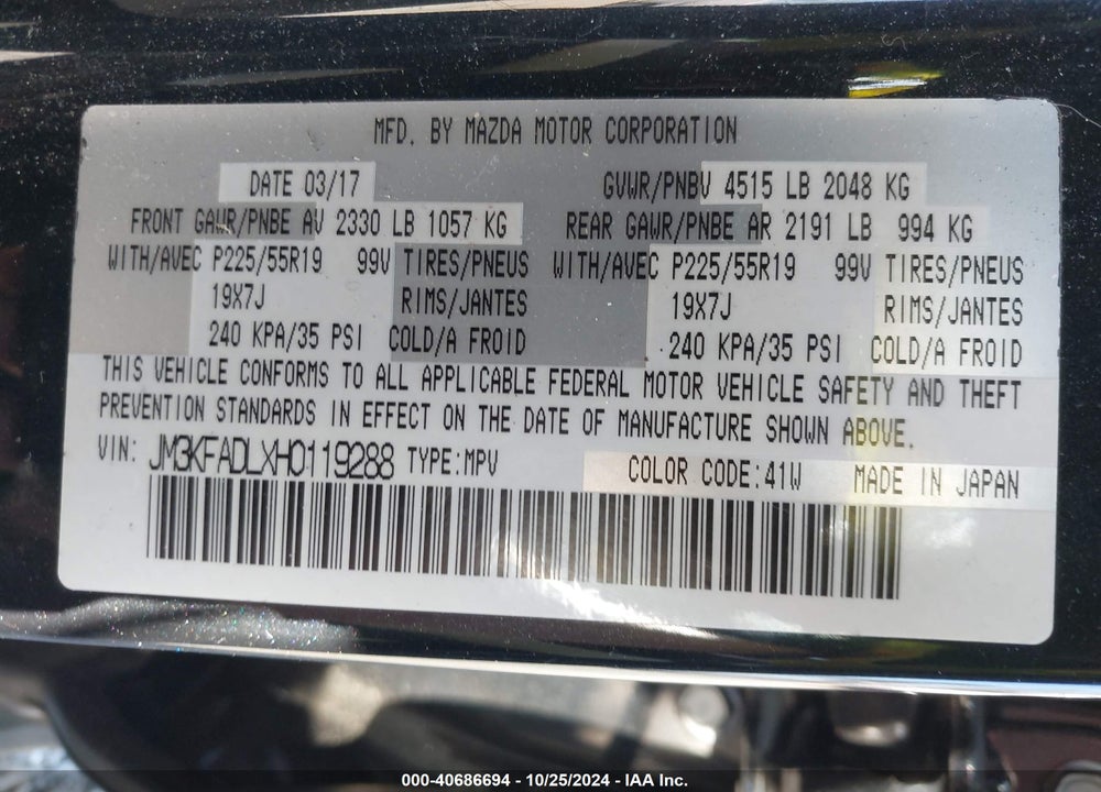 2017 MAZDA CX-5 GRAND TOURING VIN: JM3KFADLXH0119288