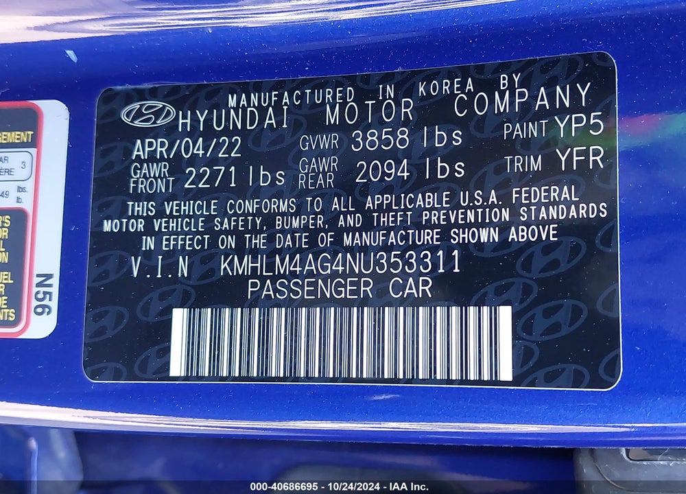 2022 HYUNDAI ELANTRA SEL VIN: KMHLM4AG4NU353311