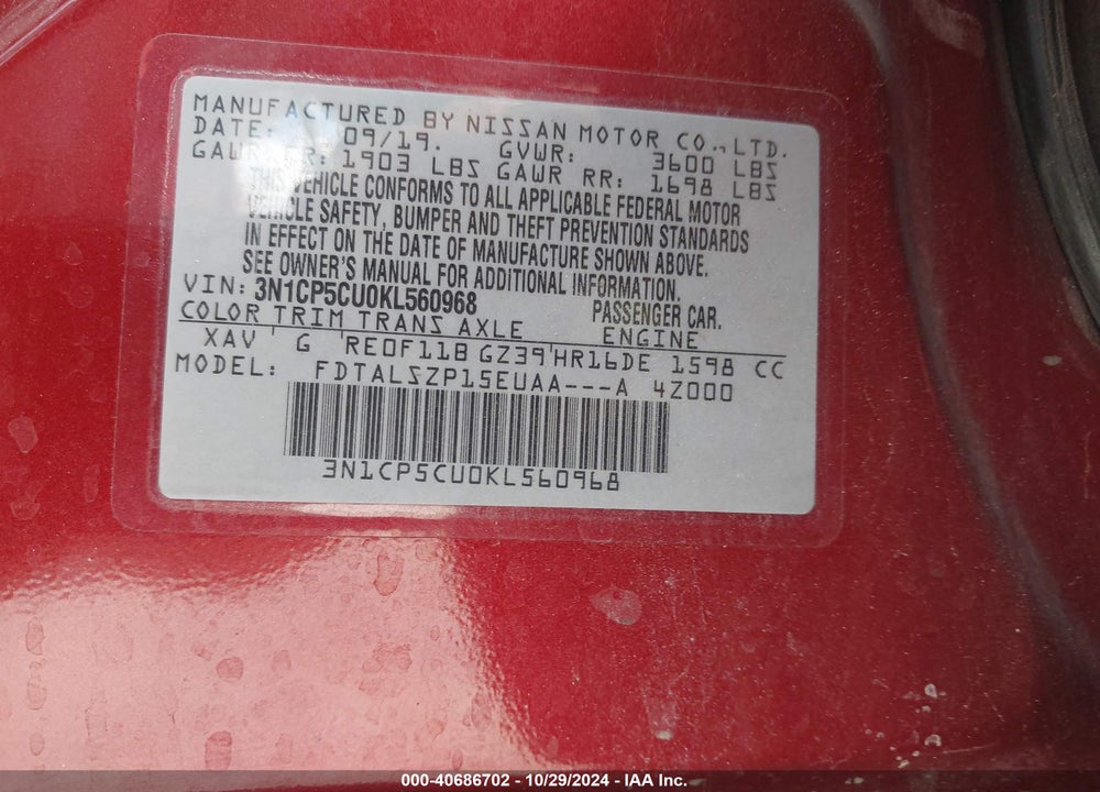 2019 NISSAN KICKS SV VIN: 3N1CP5CU0KL560968