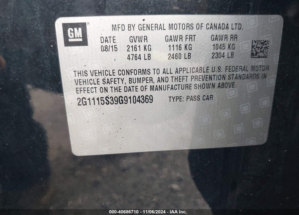 2016 CHEVROLET IMPALA 2LT VIN: 2G1115S39G9104369