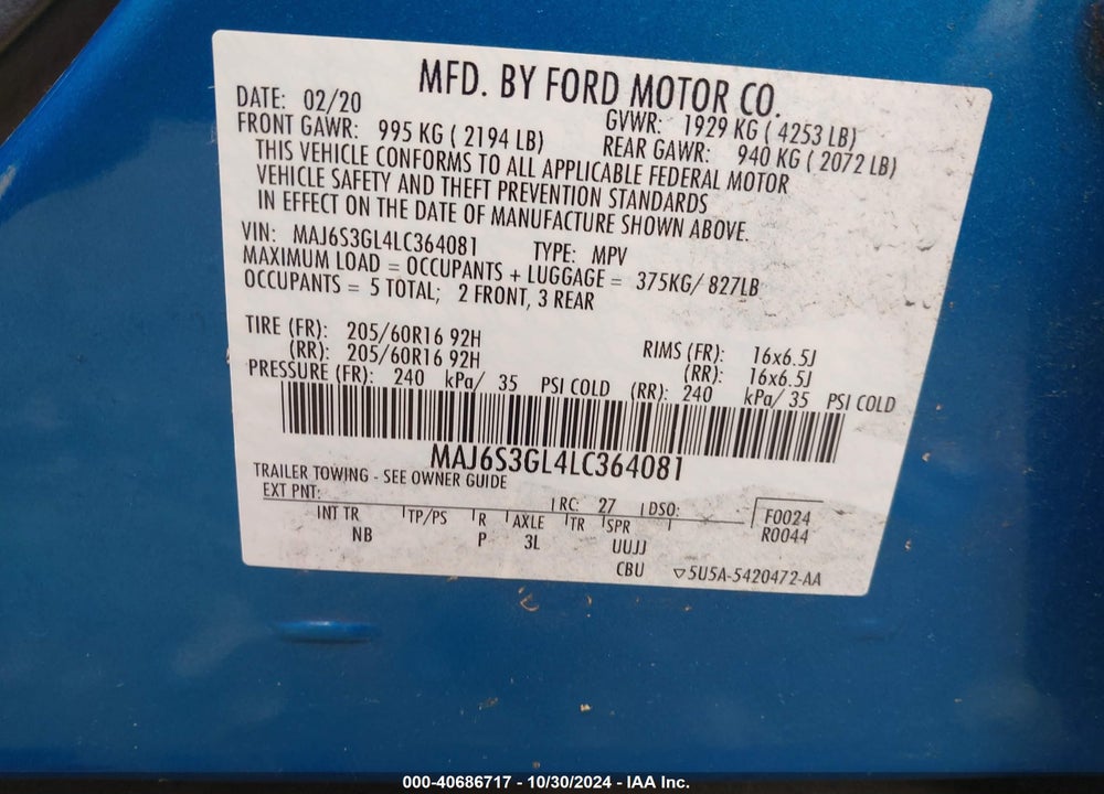 2020 FORD ECOSPORT SE VIN: MAJ6S3GL4LC364081