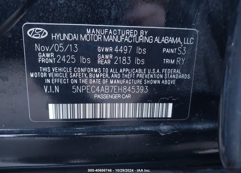 2014 HYUNDAI SONATA LIMITED 2.0T VIN: 5NPEC4AB7EH845393