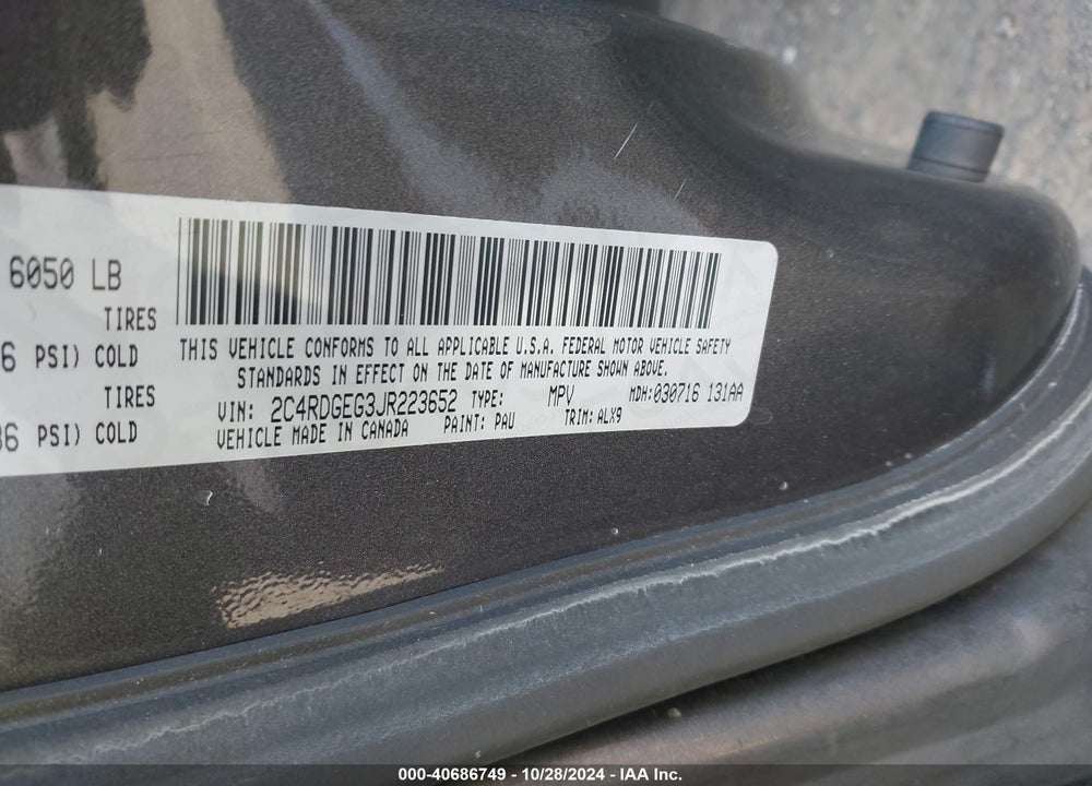 2018 DODGE GRAND CARAVAN GT VIN: 2C4RDGEG3JR223652
