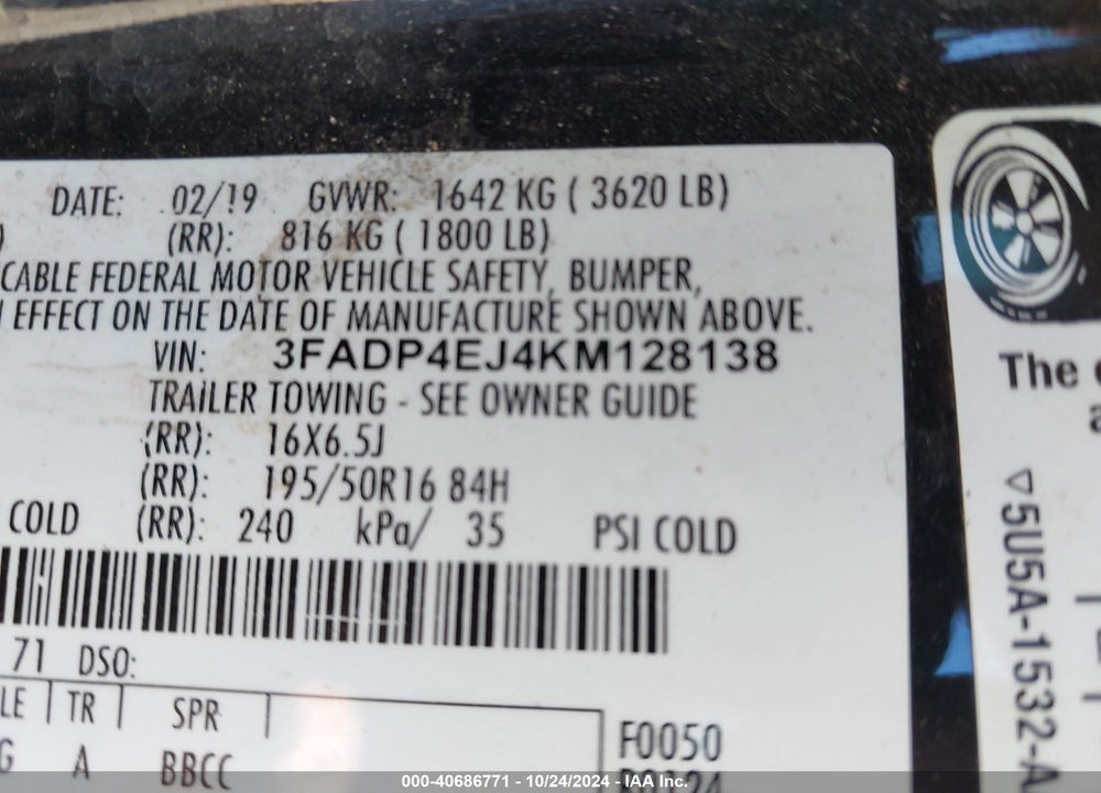 2019 FORD FIESTA SE VIN: 3FADP4EJ4KM128138