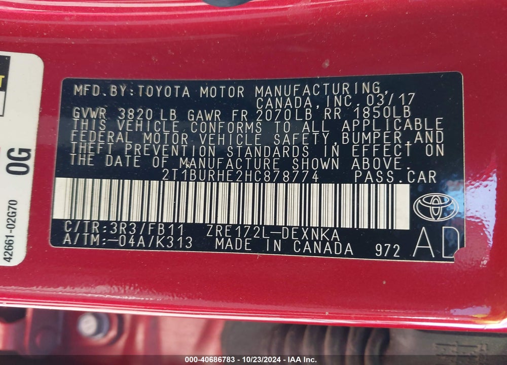 2017 TOYOTA COROLLA LE VIN: 2T1BURHE2HC878774