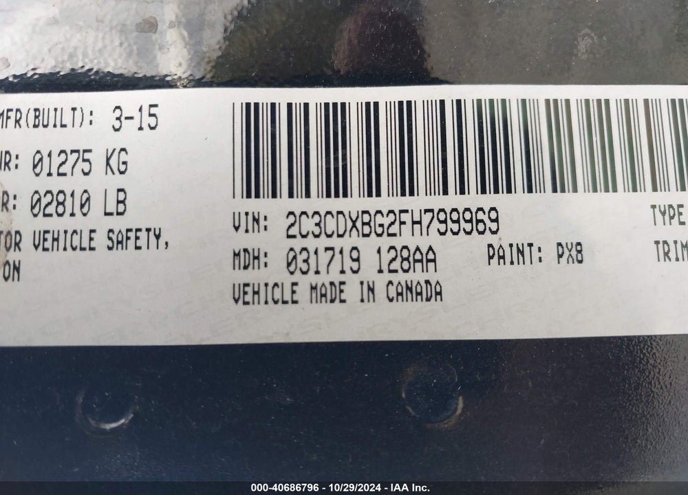2015 DODGE CHARGER SE VIN: 2C3CDXBG2FH799969
