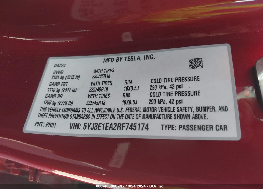 2024 TESLA MODEL 3 REAR-WHEEL DRIVE VIN: 5YJ3E1EA2RF745174