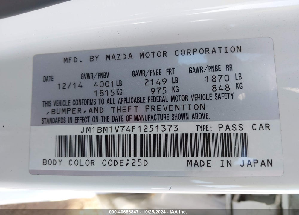 2015 MAZDA 3 I TOURING VIN: JM1BM1V74F1251373