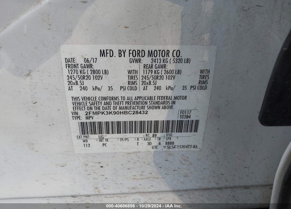 2017 FORD EDGE TITANIUM VIN: 2FMPK3K90HBC28432