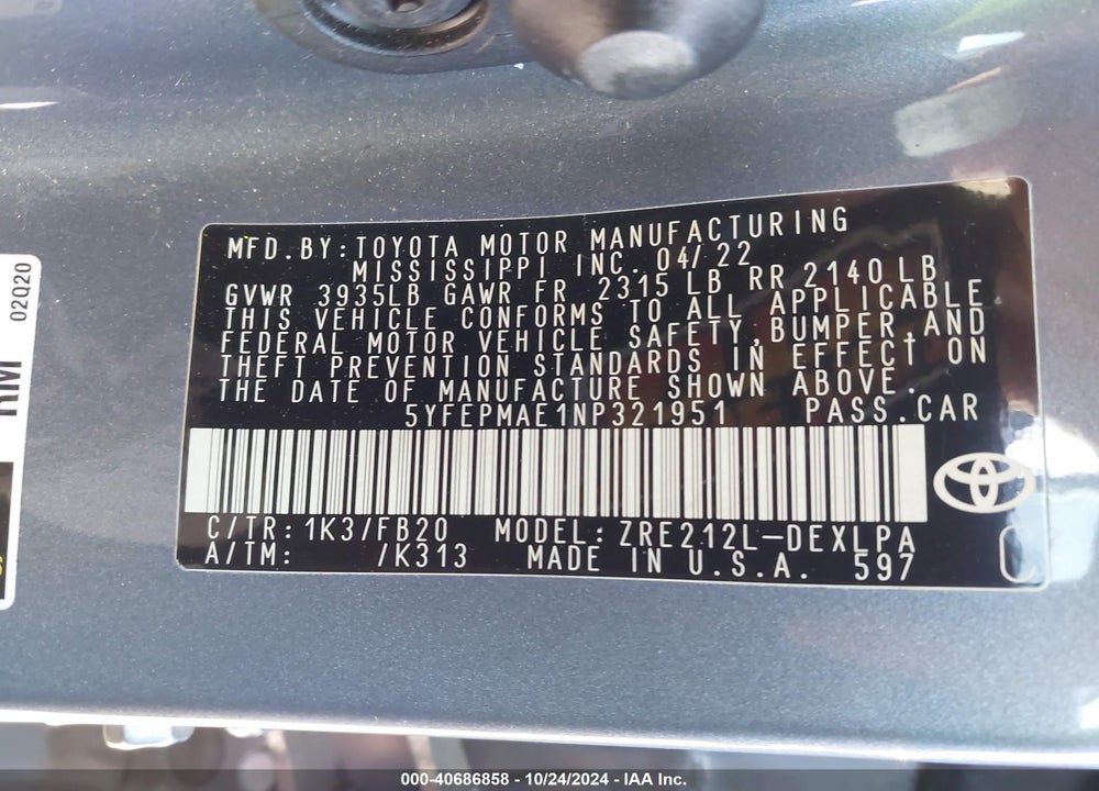 2022 TOYOTA COROLLA LE VIN: 5YFEPMAE1NP321951