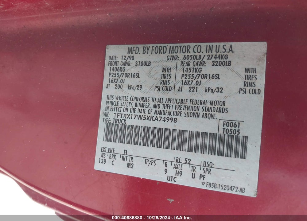 1999 FORD F-150 LARIAT/WORK SERIES/XL/XLT VIN: 1FTRX17W5XKA74998