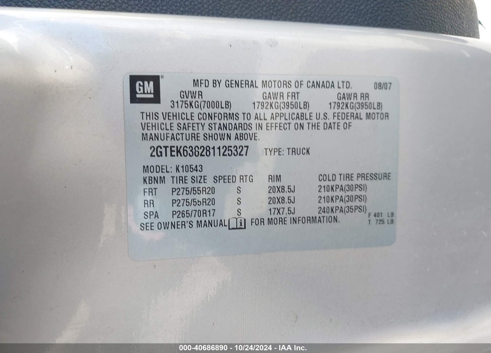 2008 GMC SIERRA 1500 DENALI VIN: 2GTEK638281125327