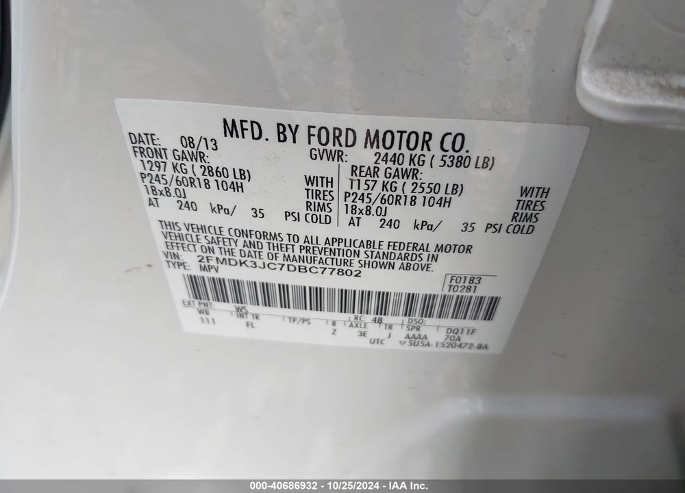 2013 FORD EDGE SEL VIN: 2FMDK3JC7DBC77802