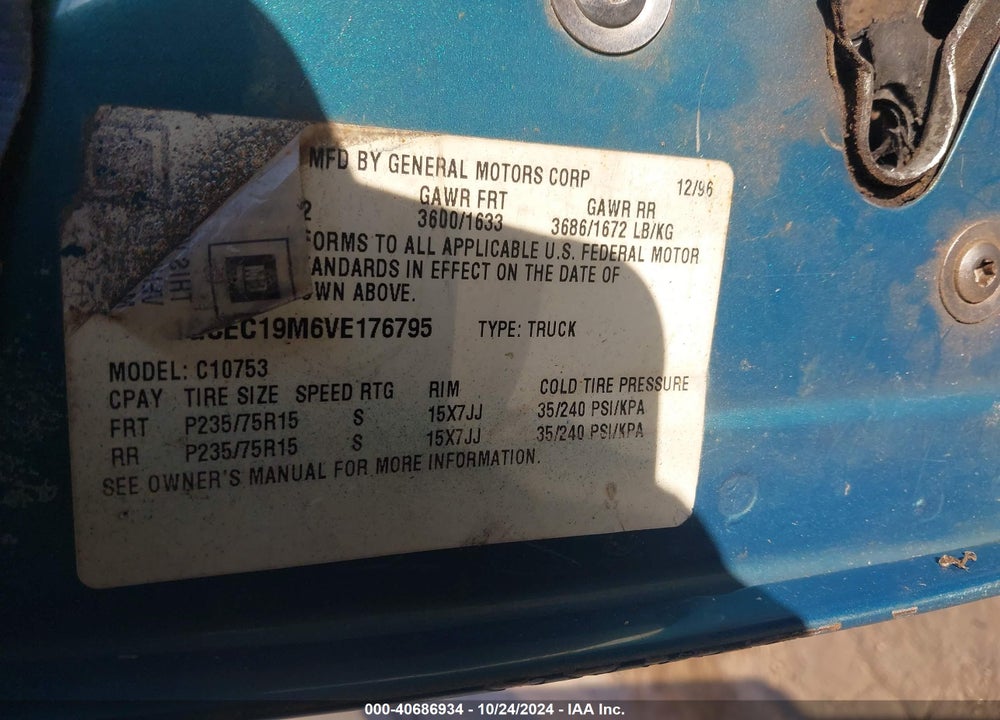 1997 CHEVROLET C1500 FLEETSIDE VIN: 1GCEC19M6VE176795