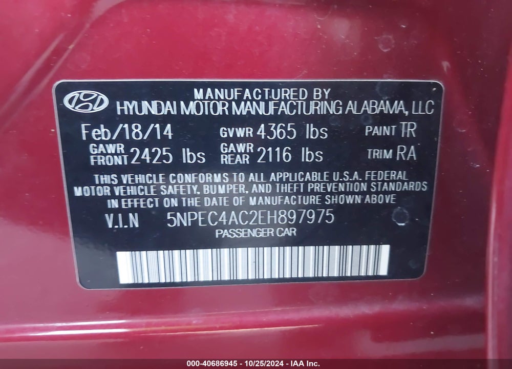 2014 HYUNDAI SONATA LIMITED VIN: 5NPEC4AC2EH897975
