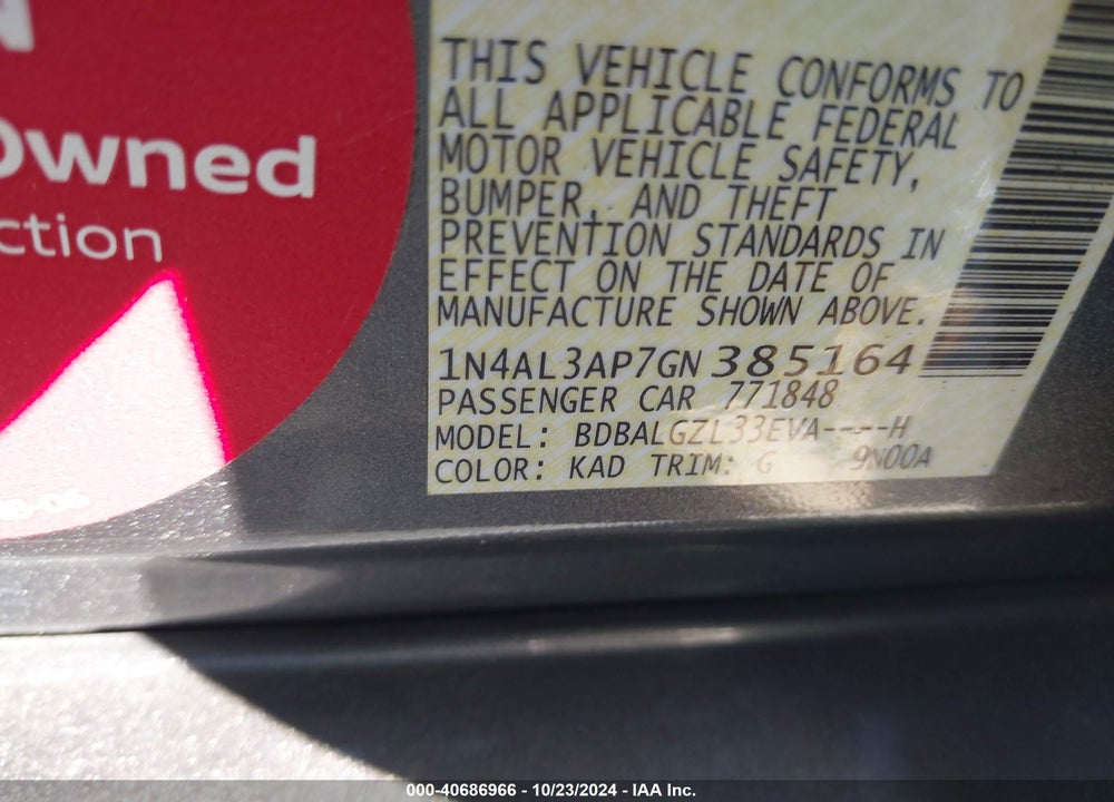 2016 NISSAN ALTIMA 2.5 S VIN: 1N4AL3AP7GN385164