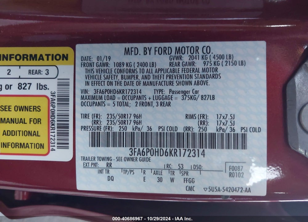 2019 FORD FUSION SE VIN: 3FA6P0HD6KR172314