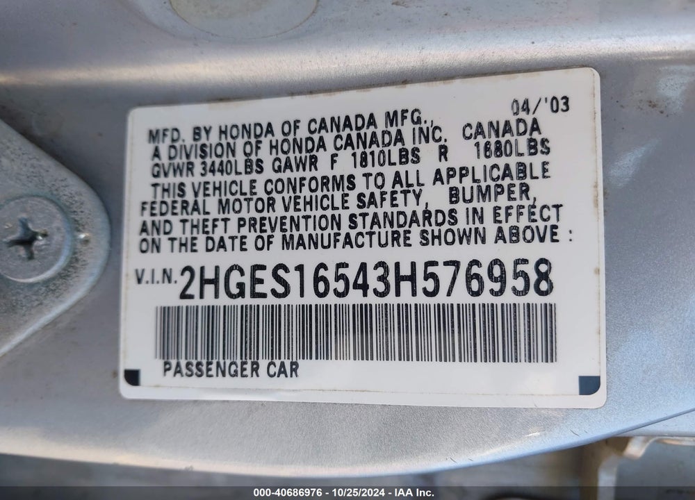 2003 HONDA CIVIC LX VIN: 2HGES16543H576958
