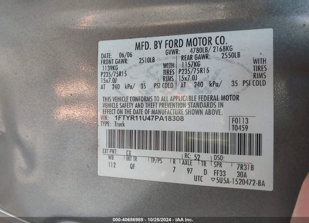 2007 FORD RANGER SPORT/XL/XLT VIN: 1FTYR11U47PA18308