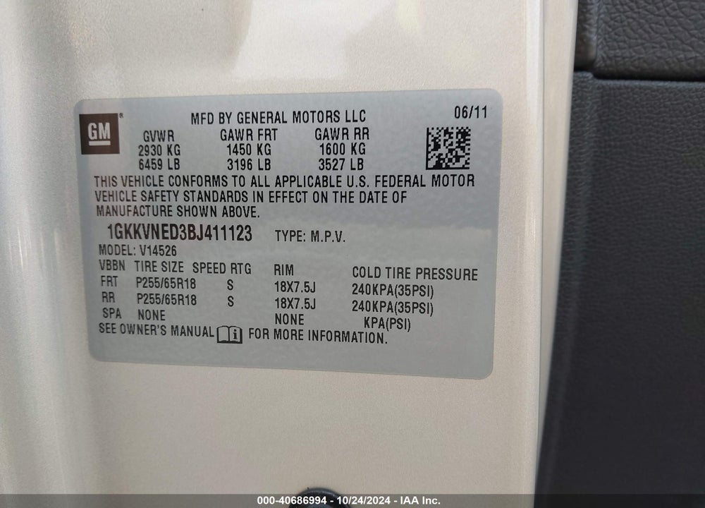 2011 GMC ACADIA SL VIN: 1GKKVNED3BJ411123