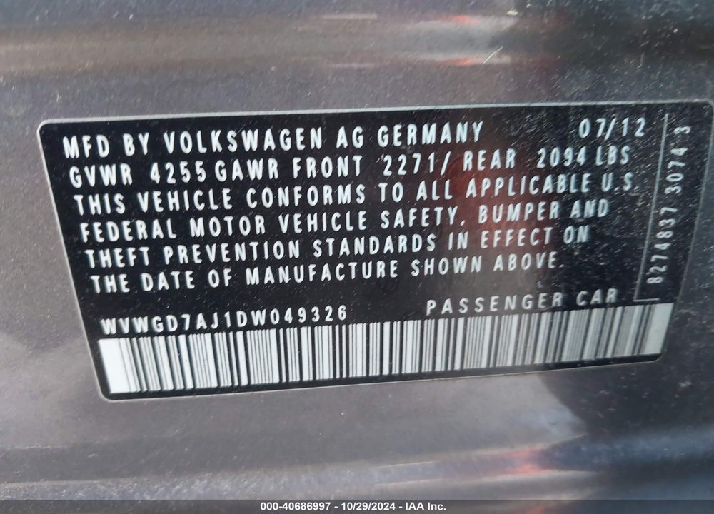 2013 VOLKSWAGEN GTI 4-DOOR VIN: WVWGD7AJ1DW049326