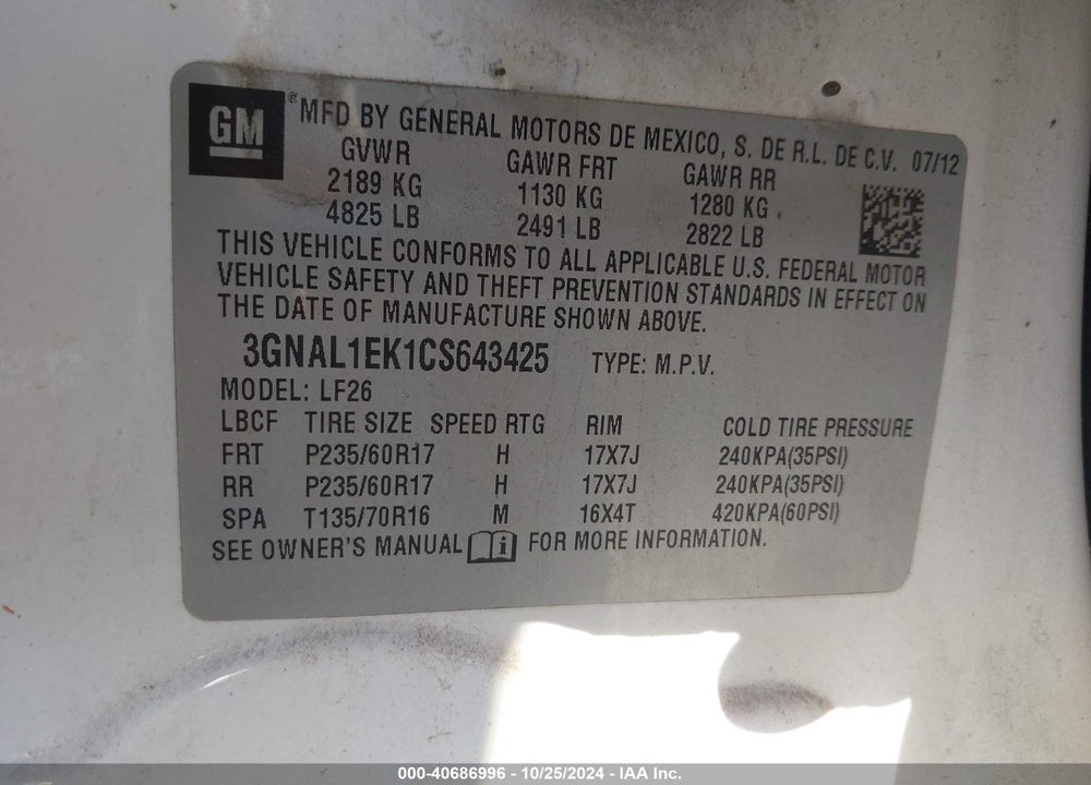 2012 CHEVROLET CAPTIVA SPORT 1LS VIN: 3GNAL1EK1CS643425