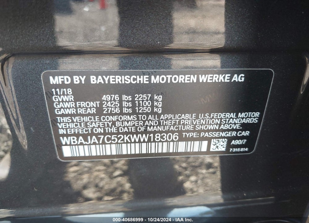 2019 BMW 530I XDRIVE VIN: WBAJA7C52KWW18306