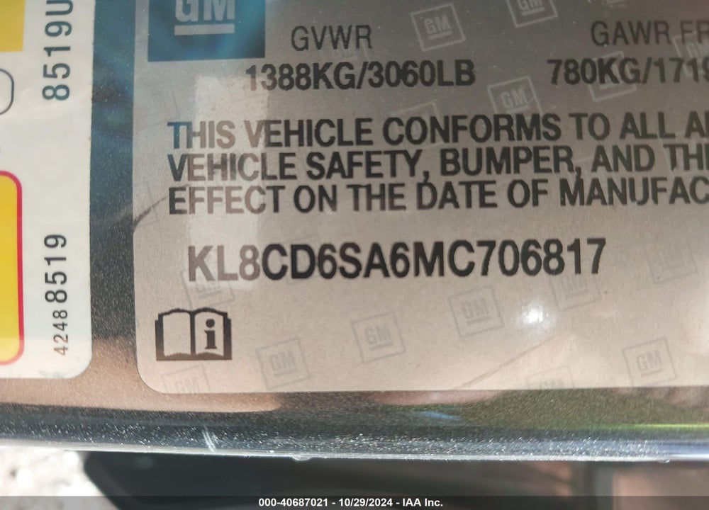 2021 CHEVROLET SPARK VIN: KL8CD6SA6MC706817