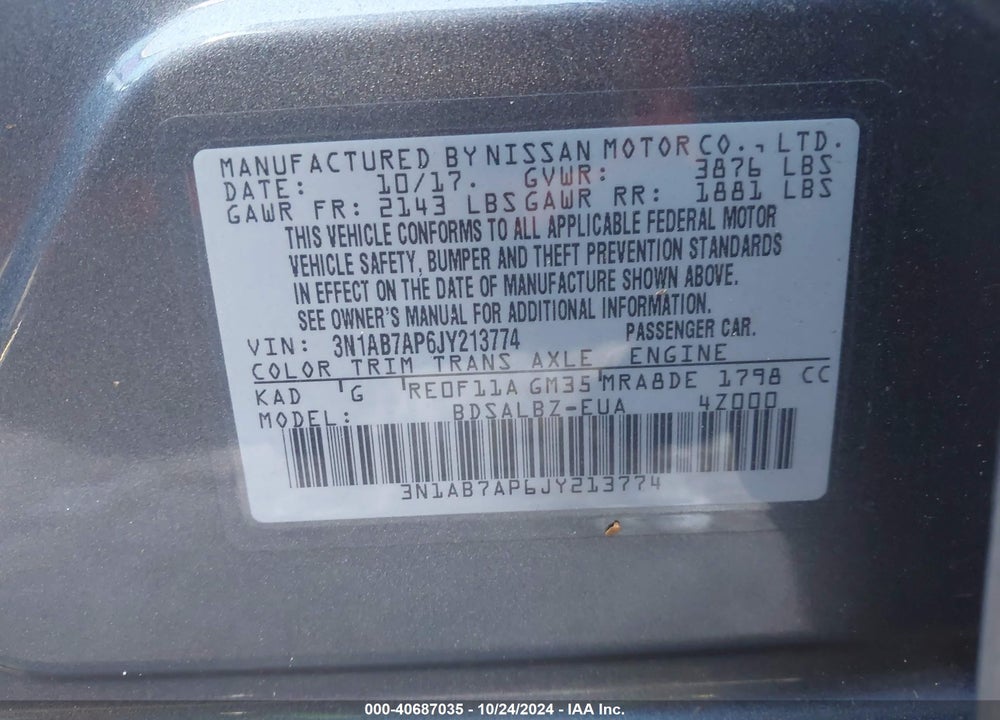 2018 NISSAN SENTRA S VIN: 3N1AB7AP6JY213774