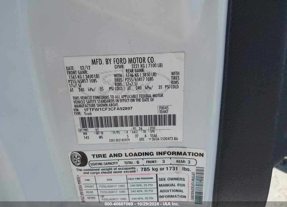 2012 FORD F-150 XLT VIN: 1FTFW1CF3CFA92897