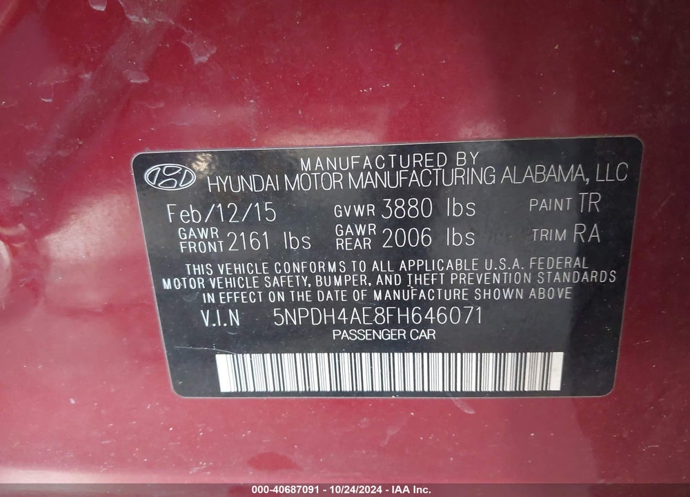 2015 HYUNDAI ELANTRA VIN: 5NPDH4AE8FH646071