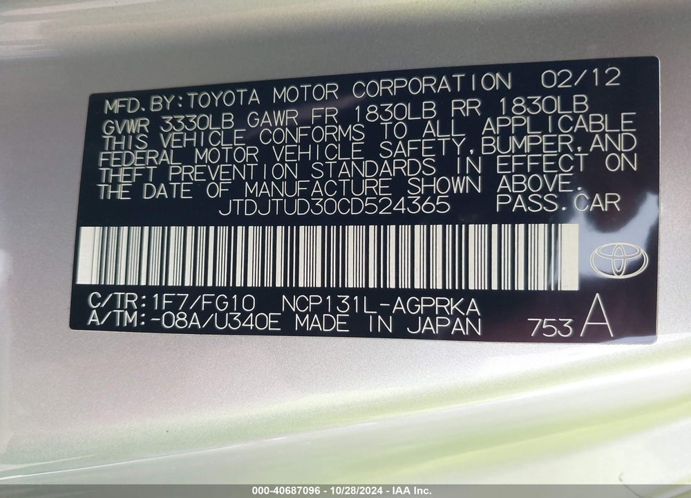 2012 TOYOTA YARIS LE VIN: JTDJTUD30CD524365