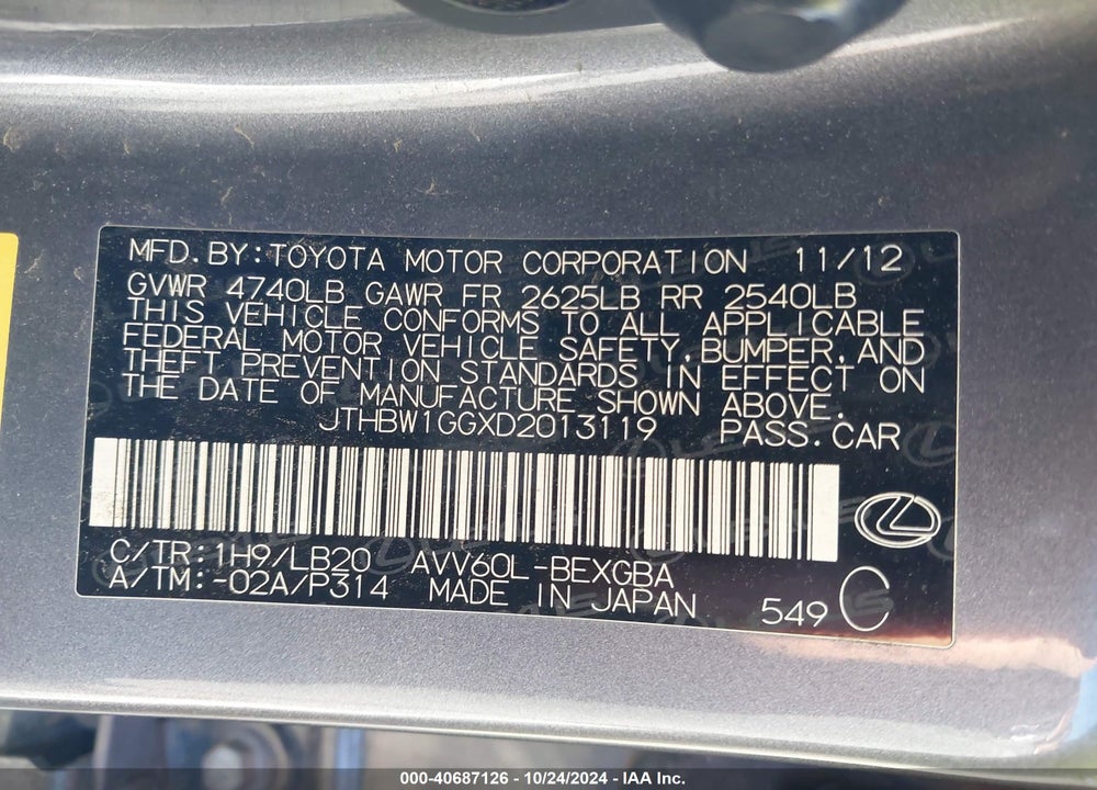 2013 LEXUS ES 300H VIN: JTHBW1GGXD2013119