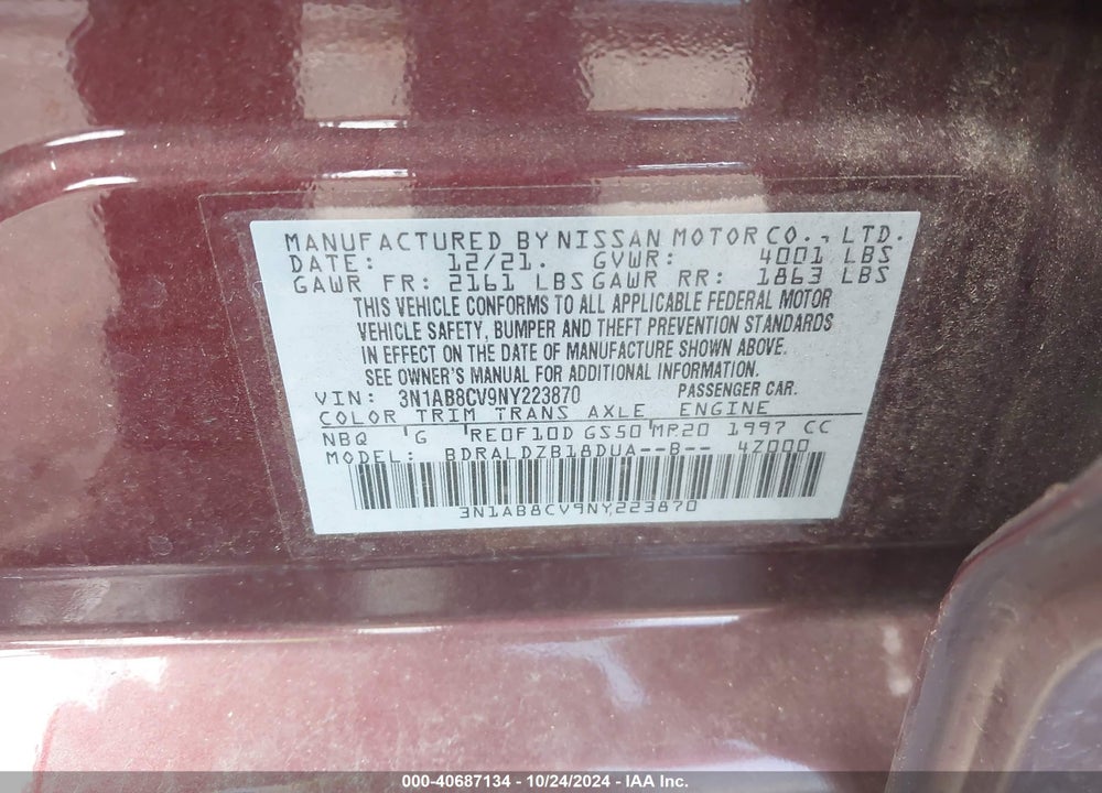 2022 NISSAN SENTRA SV XTRONIC CVT VIN: 3N1AB8CV9NY223870