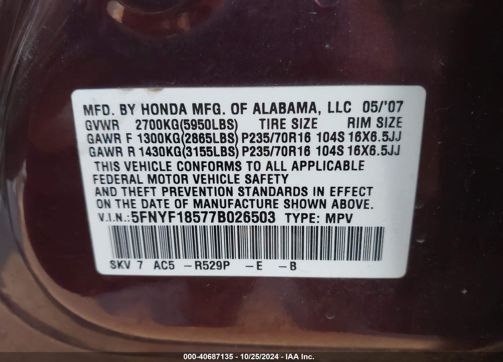 2007 HONDA PILOT EX-L VIN: 5FNYF18577B026503