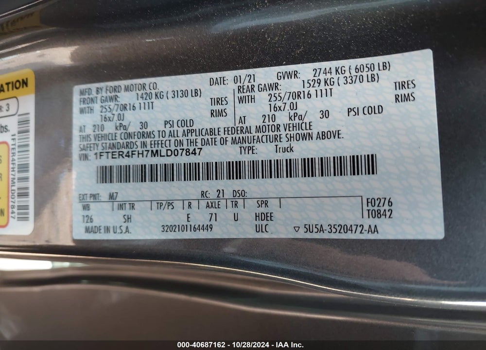2021 FORD RANGER XL VIN: 1FTER4FH7MLD07847