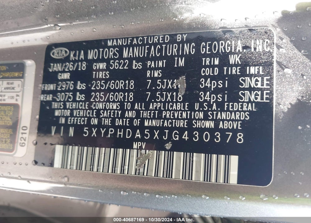 2018 KIA SORENTO 3.3L EX VIN: 5XYPHDA5XJG430378